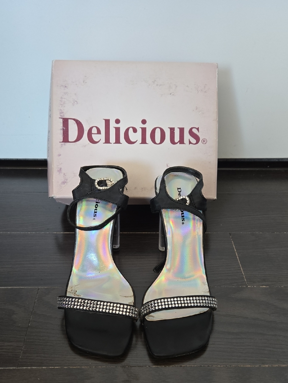 Delicious Black Rhinestone Strap Block Heels
